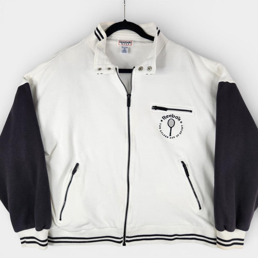 Vintage 80s Reebok Sport Jacket Mens Medium White Black Tennis Full Zip